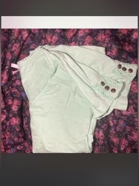 Light Mint Green Women's Top with Crochet Trim and Button Detail